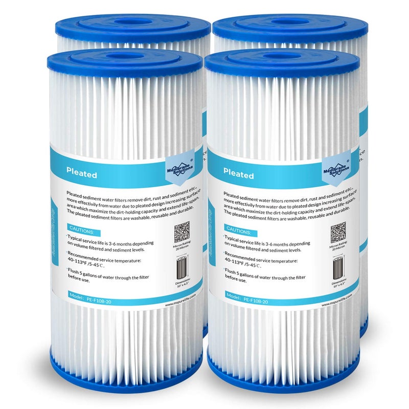 Membrane Solutions 20 Micron Pleated Water Filter Home 10"x4.5" Whole House Heavy Duty Sediment Replacement Cartridge Compatible with ECP10-1,ECP20-BB,R50-BBSA,FXHSC,CB1-SED10-BB (4 Pack) - Image 1